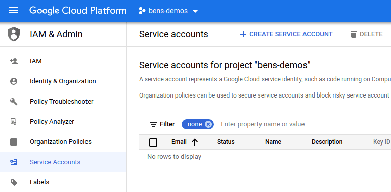 Create service account